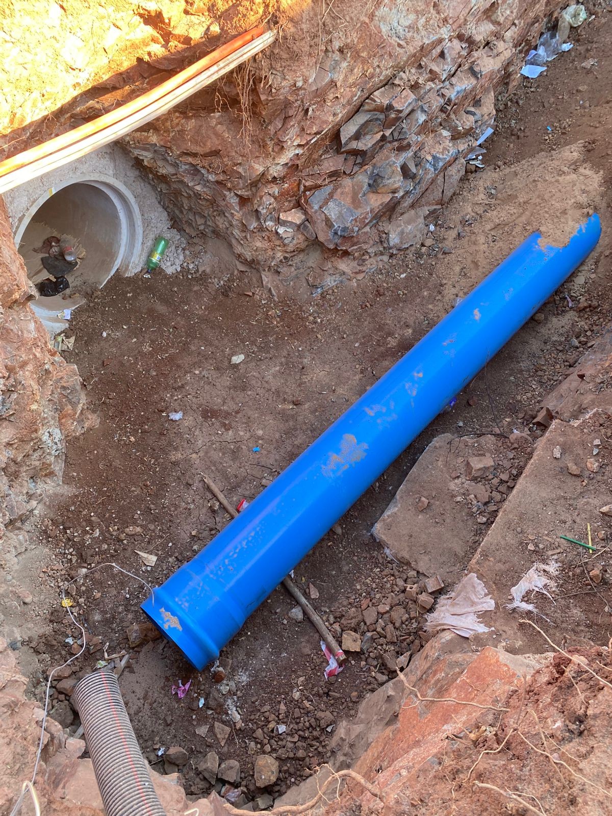 HDPE pipe laid in an open trench ahead of backfill